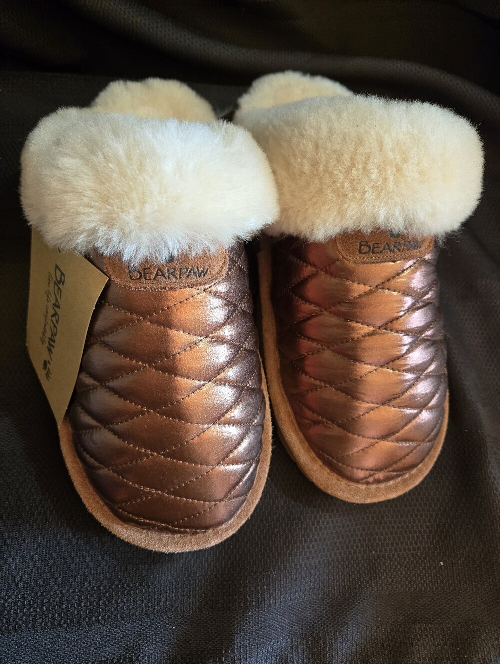 BEARPAW Women's Metallic Copper Quilted Shearling Slippers NWT
